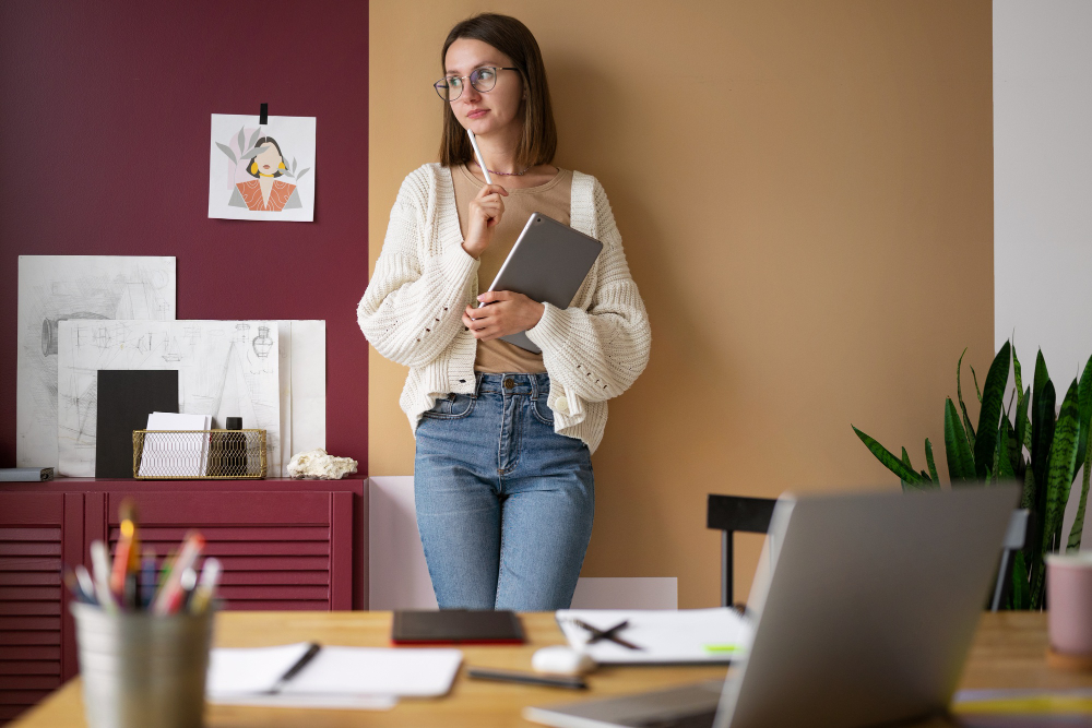 Woman with glasses holding a tablet and pen, standing in an office workspace